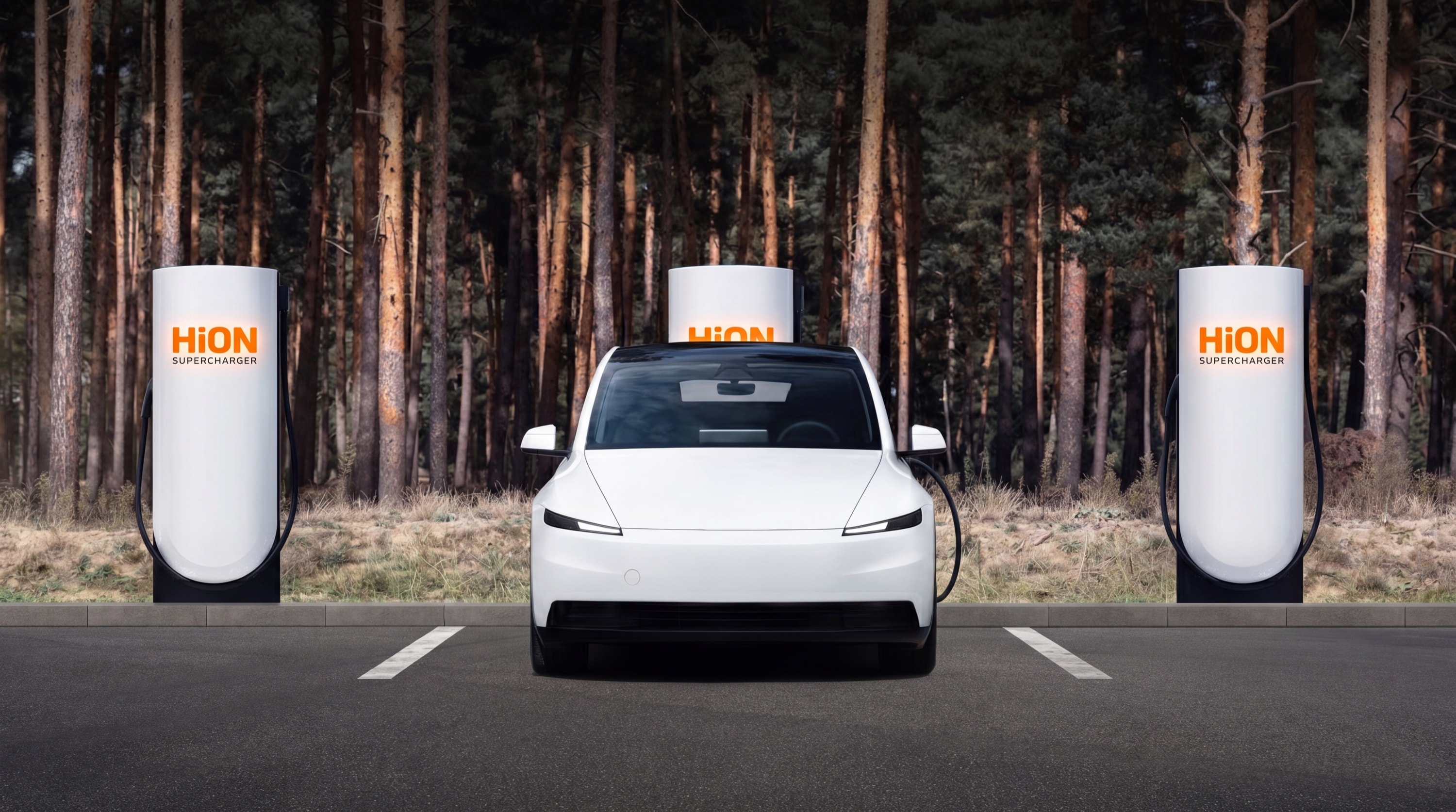 A white EV parked between two HiON Superchargers on a pine-forest road, each pillar wearing the HiON Supercharger wordmark