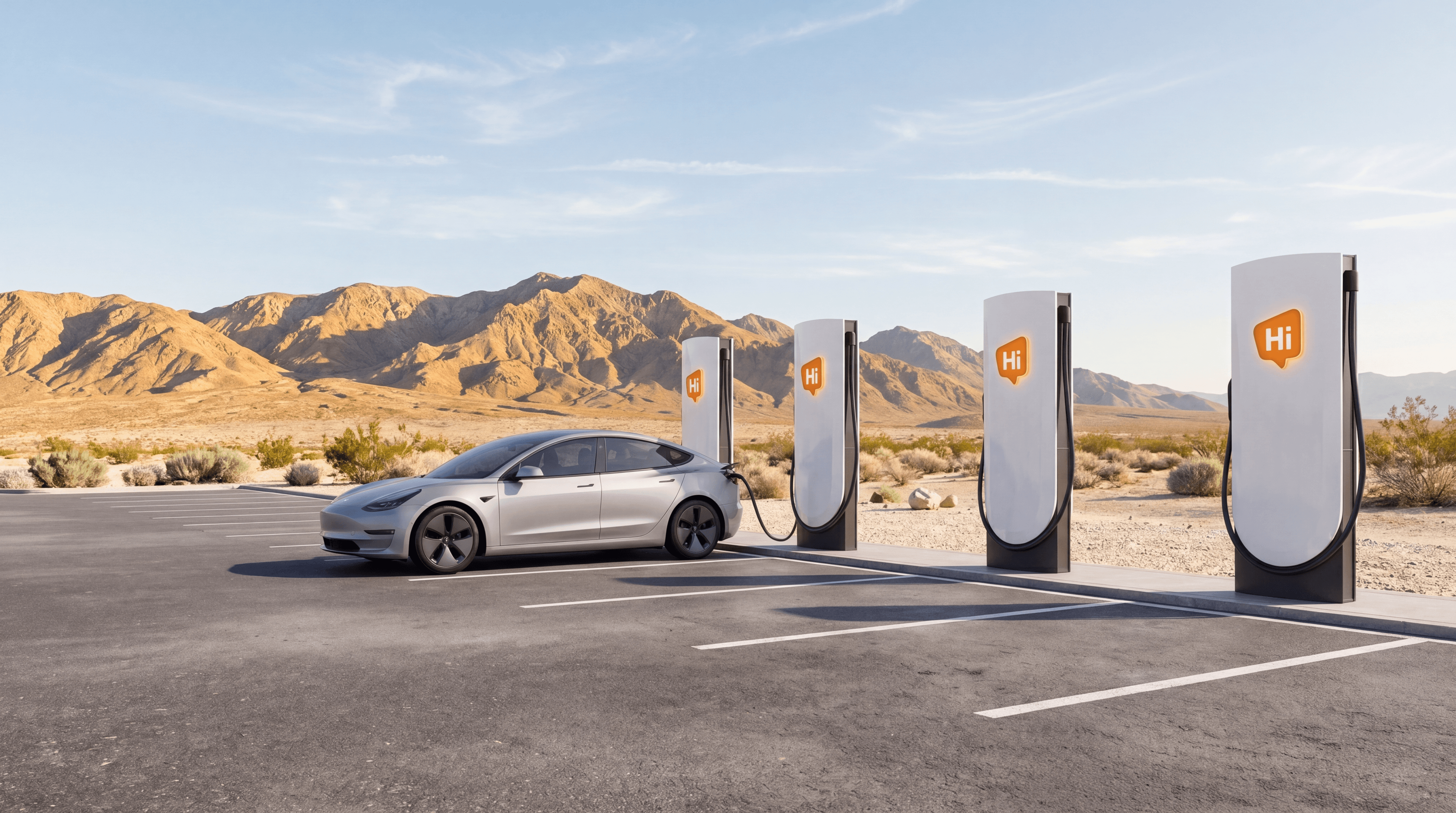 A HiON Supercharger station in the desert under a bright daytime sky