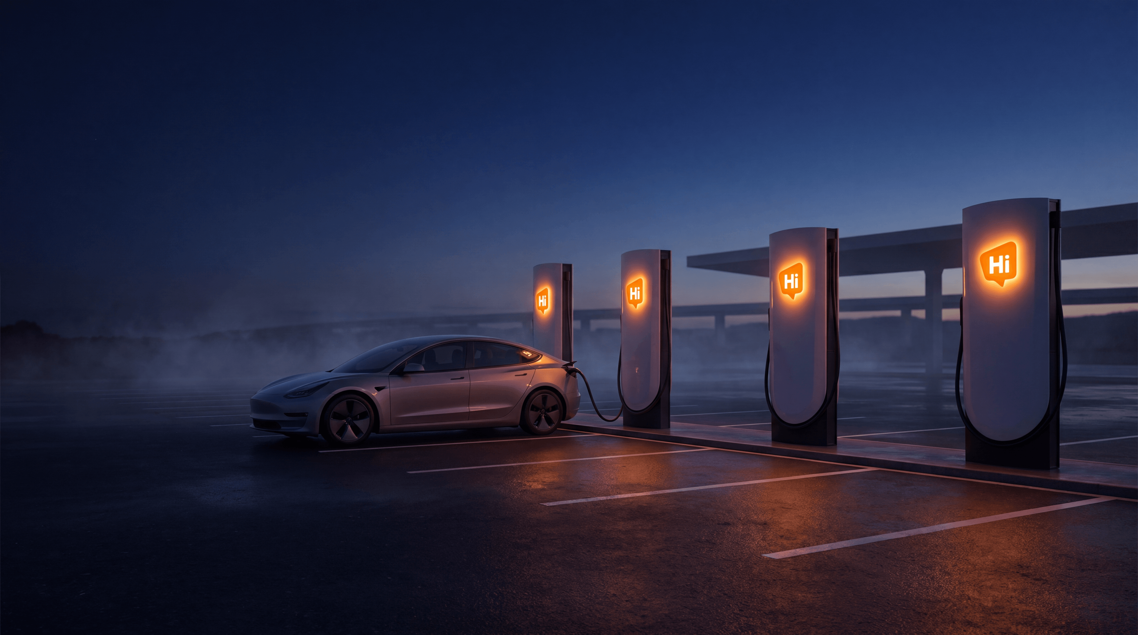 A HiON Supercharger station at dusk, chargers with glowing Hi badges