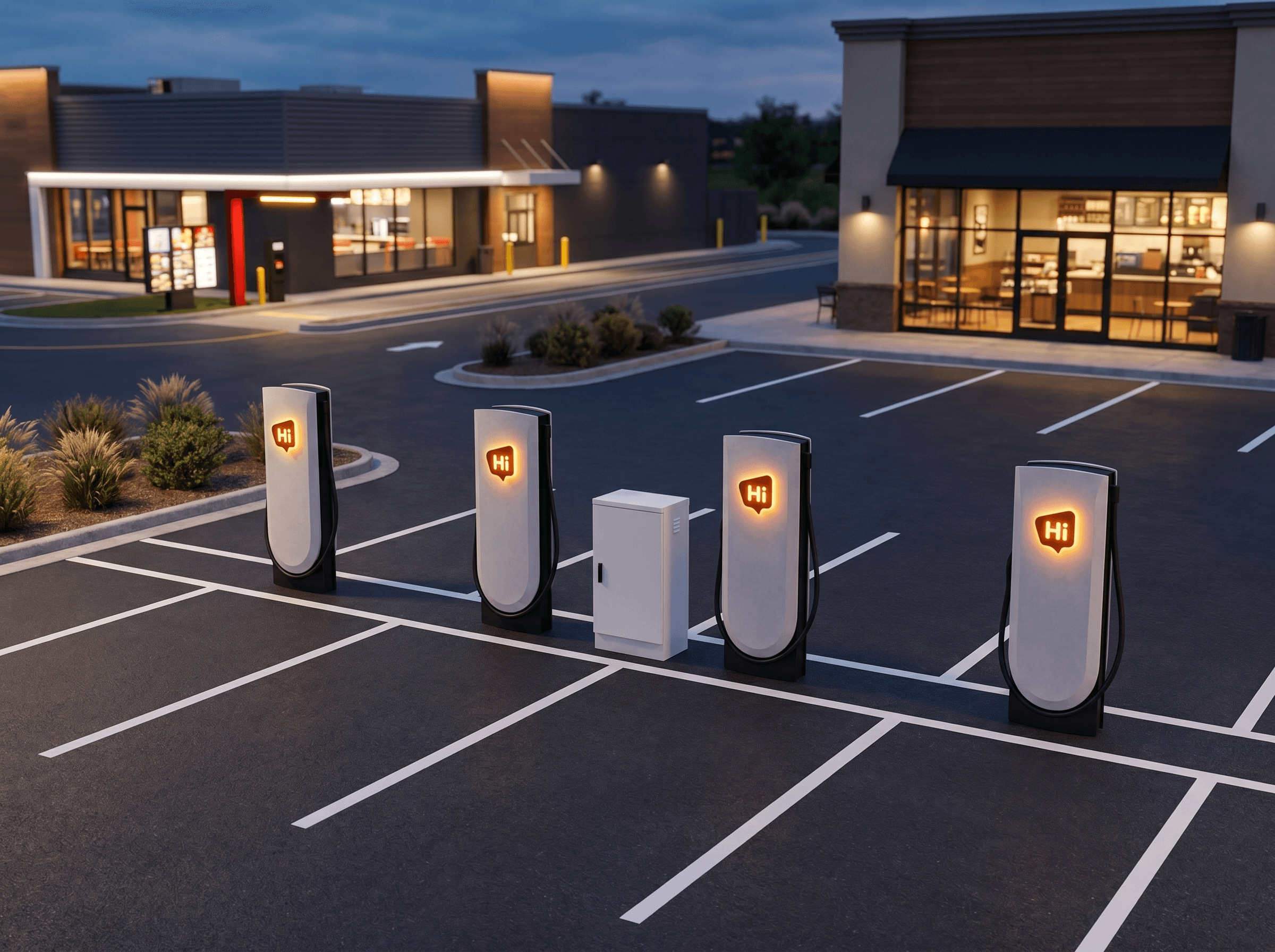 Four HiON Superchargers on a retail forecourt at dusk