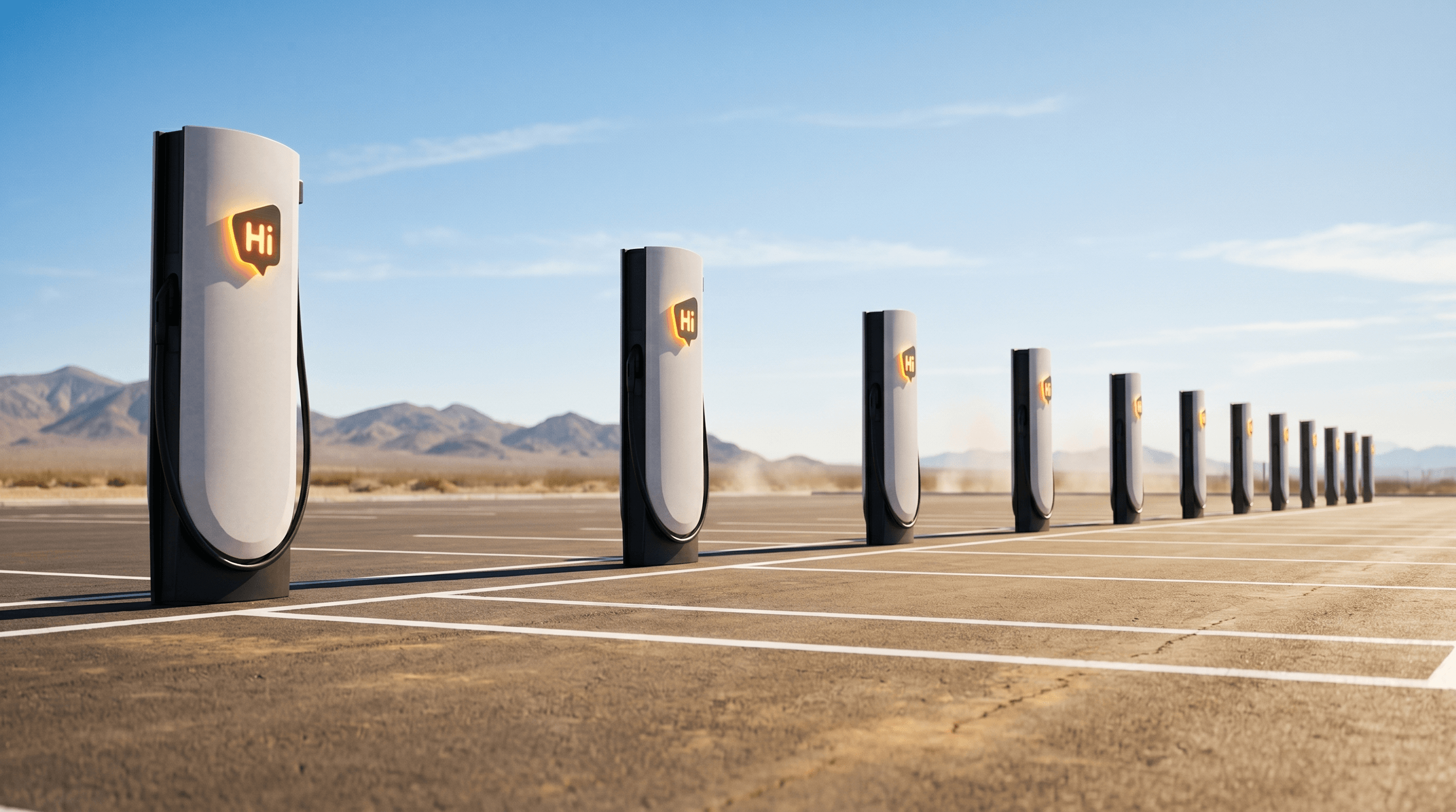 A long row of HiON Superchargers receding across an open desert plain